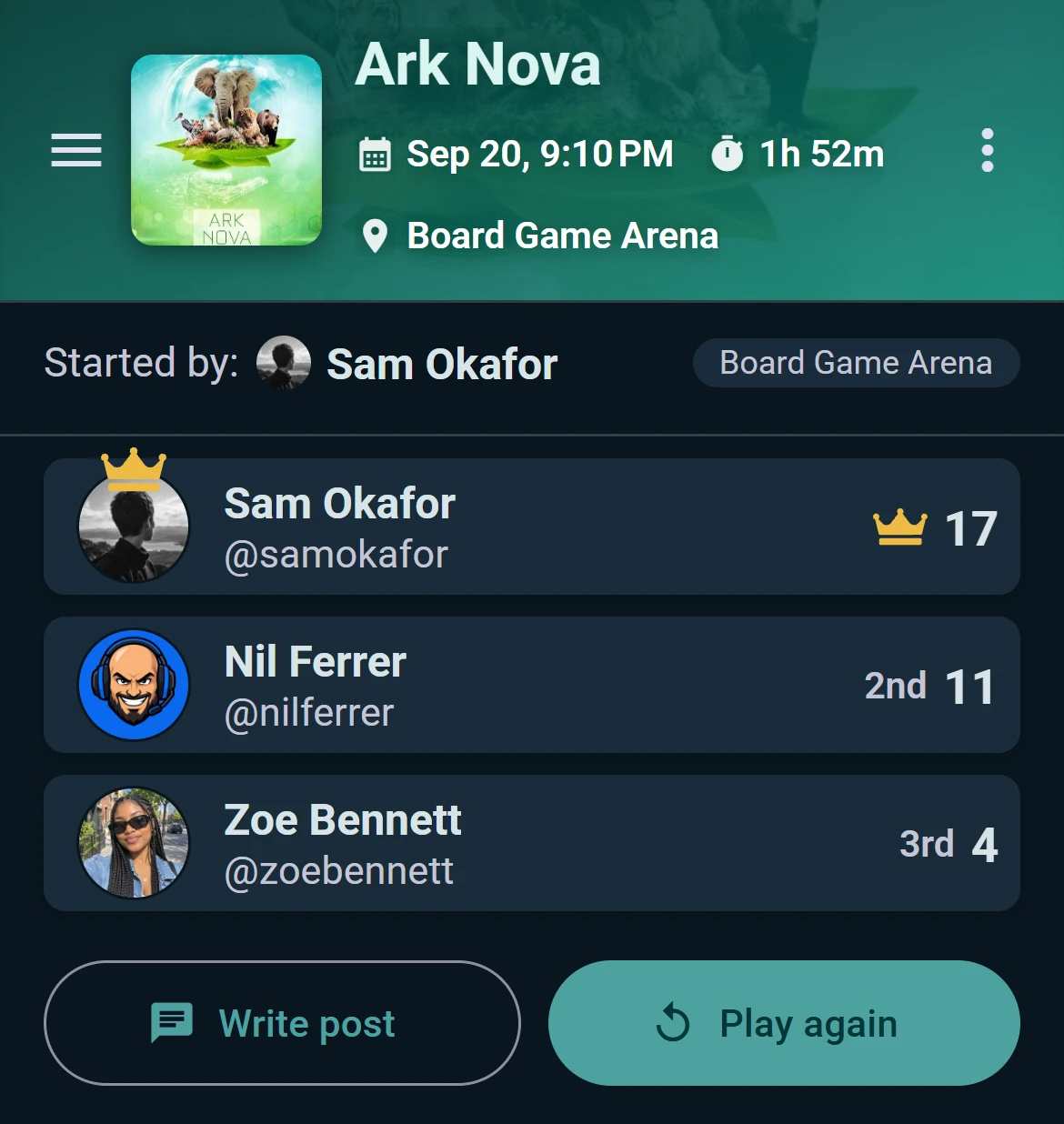 A play synced from Board Game Arena, placements included