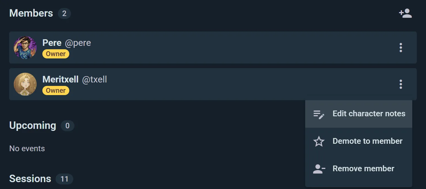A member's menu with character notes, demote, and remove actions