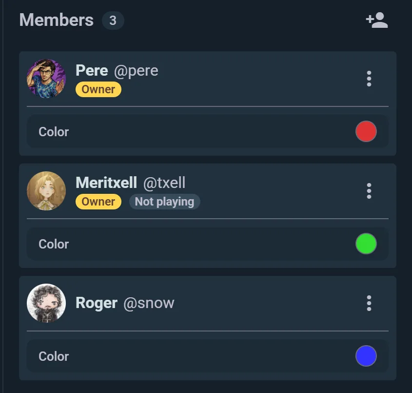 The member list: owners, a member, a GM marked "Not playing", and each player's colour