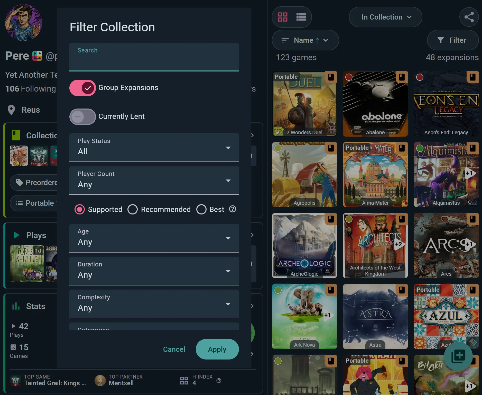 Collection filters: player count with Supported, Recommended and Best, duration, age, complexity