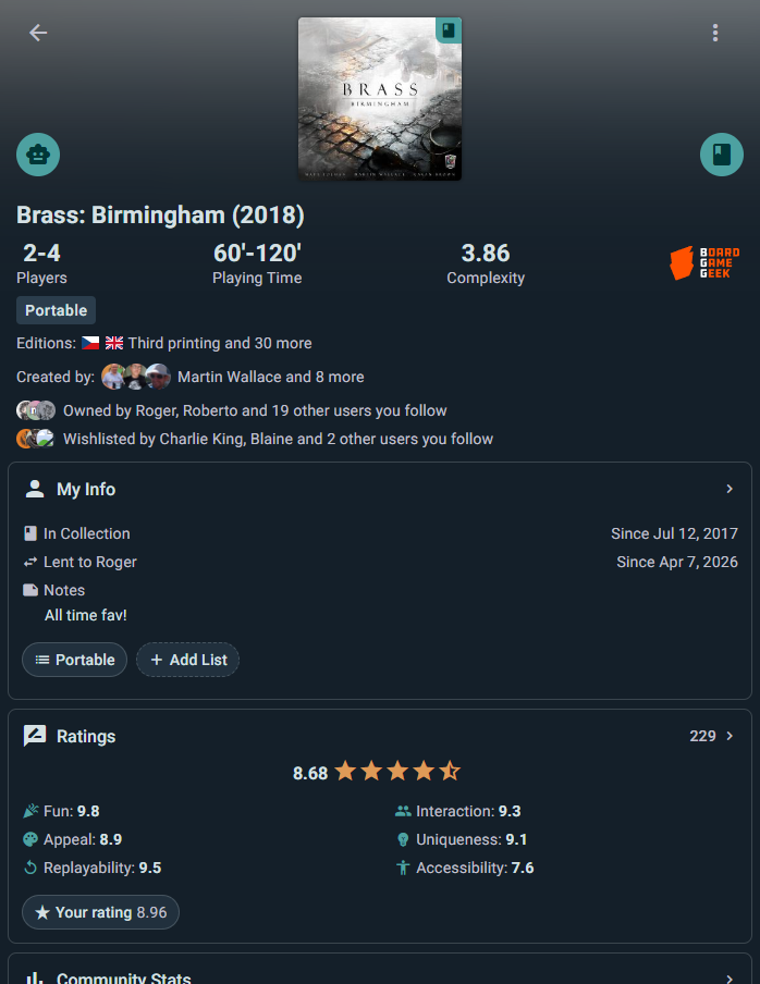 Game page with overview, stats, reviews, events, and marketplace listings