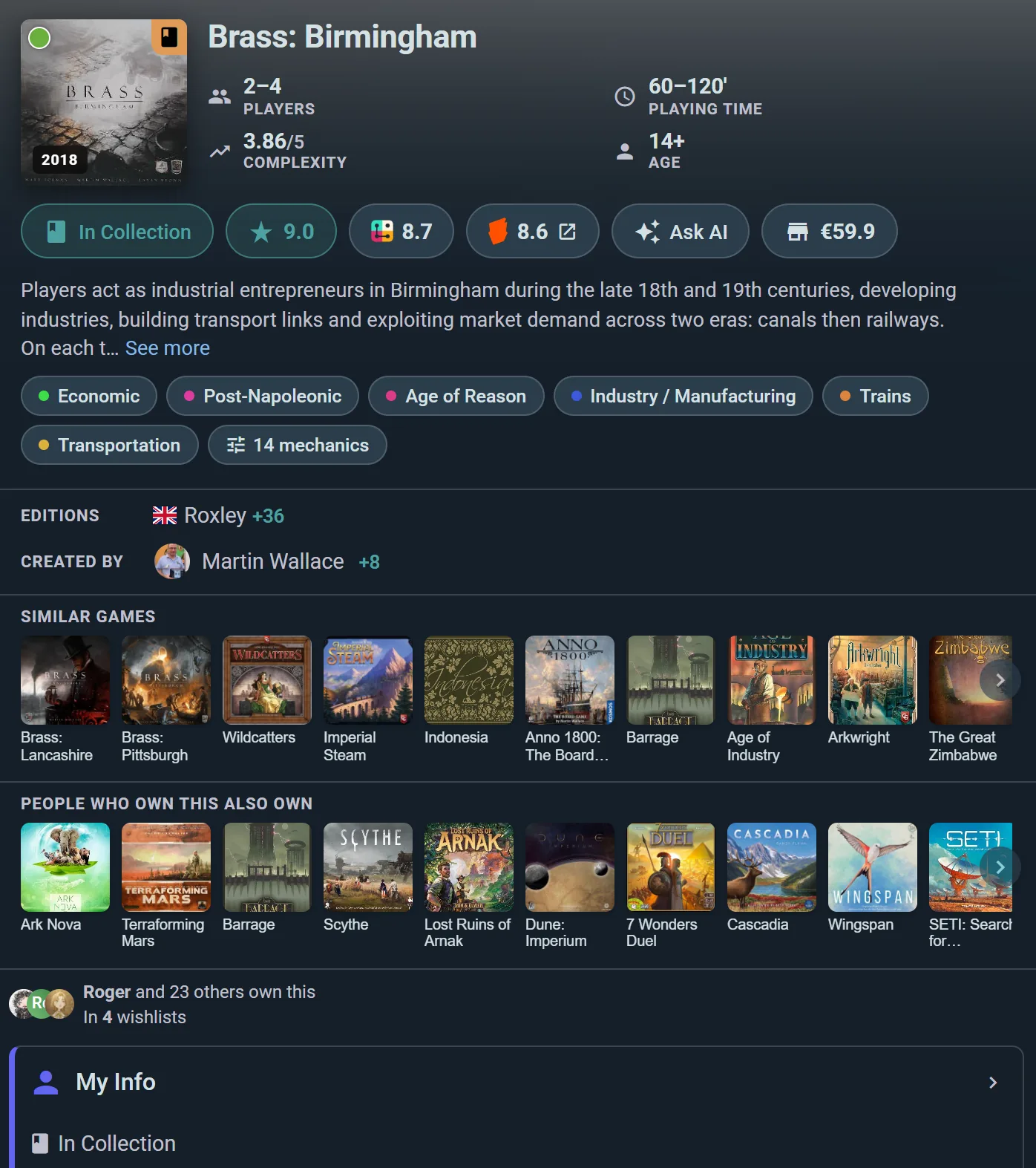 Game page with overview, stats, reviews, events, and marketplace listings