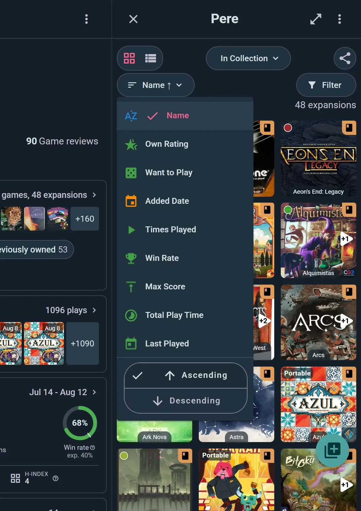 The sort menu open over a collection, with ascending and descending at the bottom