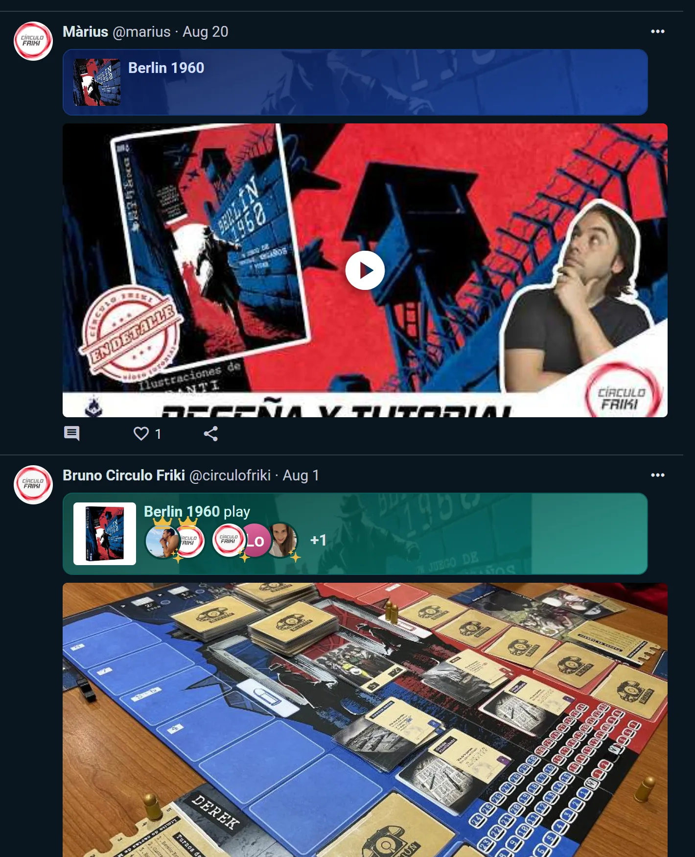 A creator channel on a game page: a video review with its play button, and a logged play of the same game with a table photo