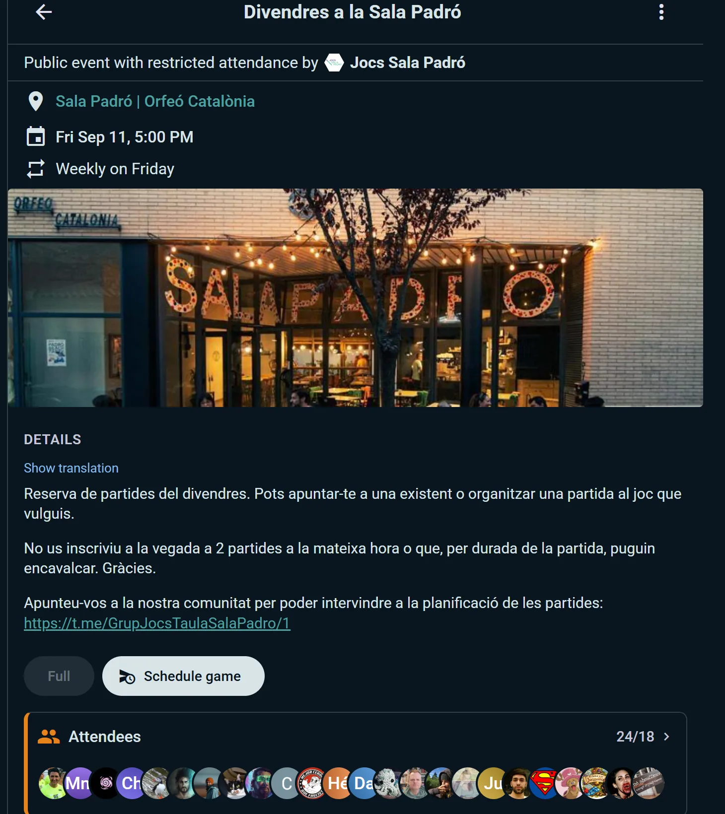 A weekly club night, full — 24 signed up for 18 seats, the rest on the waitlist