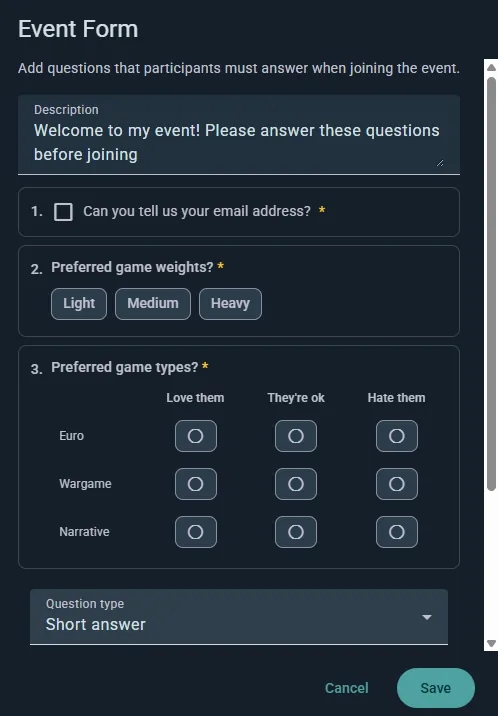 Custom attendance form builder with example questions