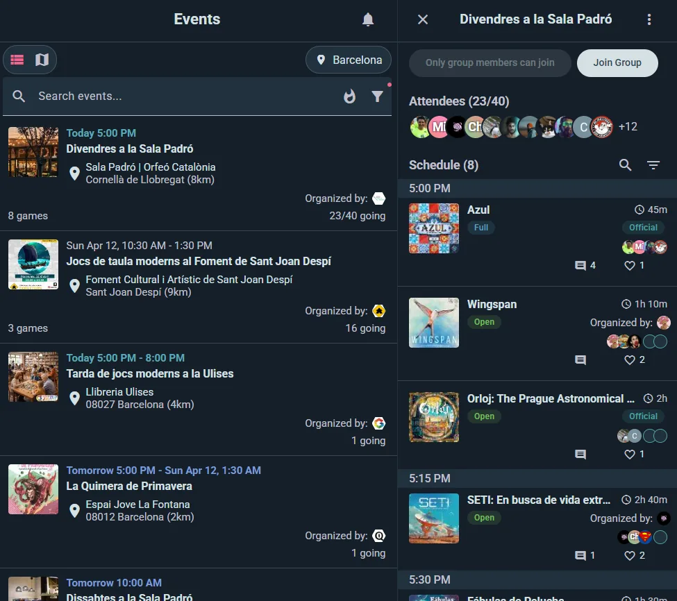 Event discovery with nearby game nights on a map