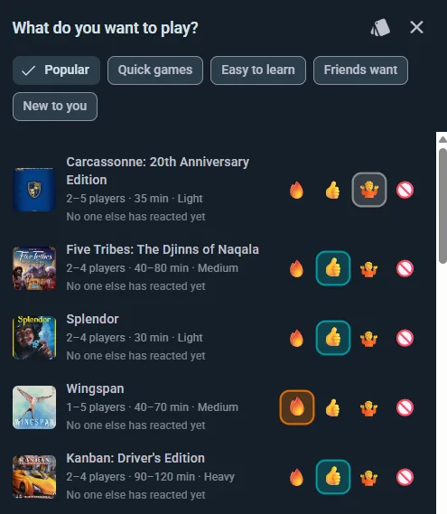 Games at the Event list with reservations and wish-to-play indicators