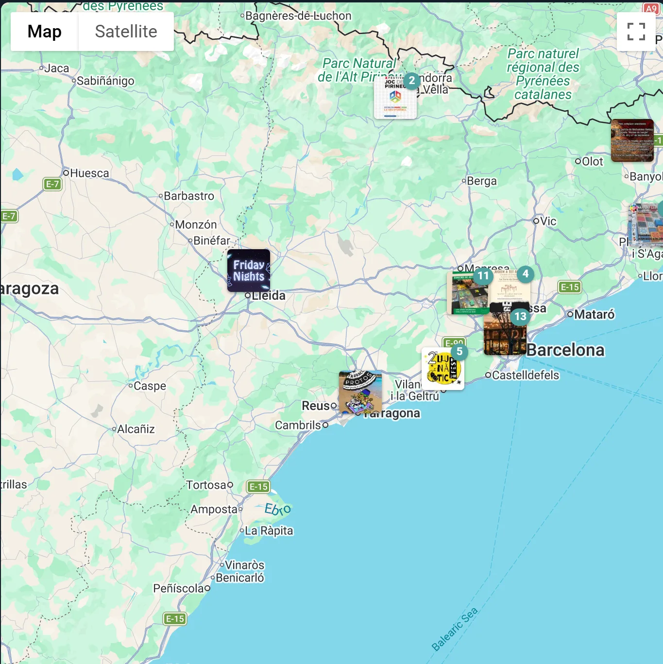 The events map, with game nights and festivals pinned across the region