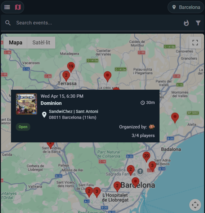 Map view with event markers