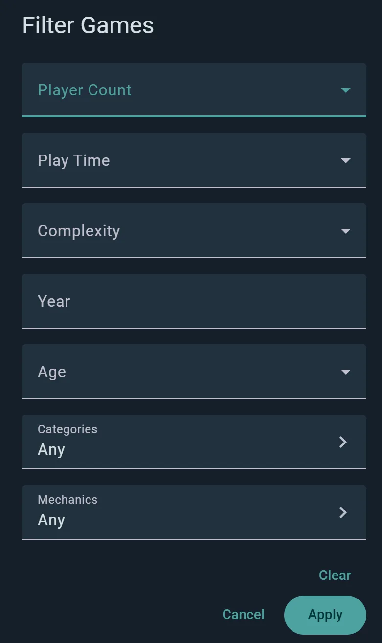 The Games filter: player count, play time, complexity, year, age, categories and mechanics