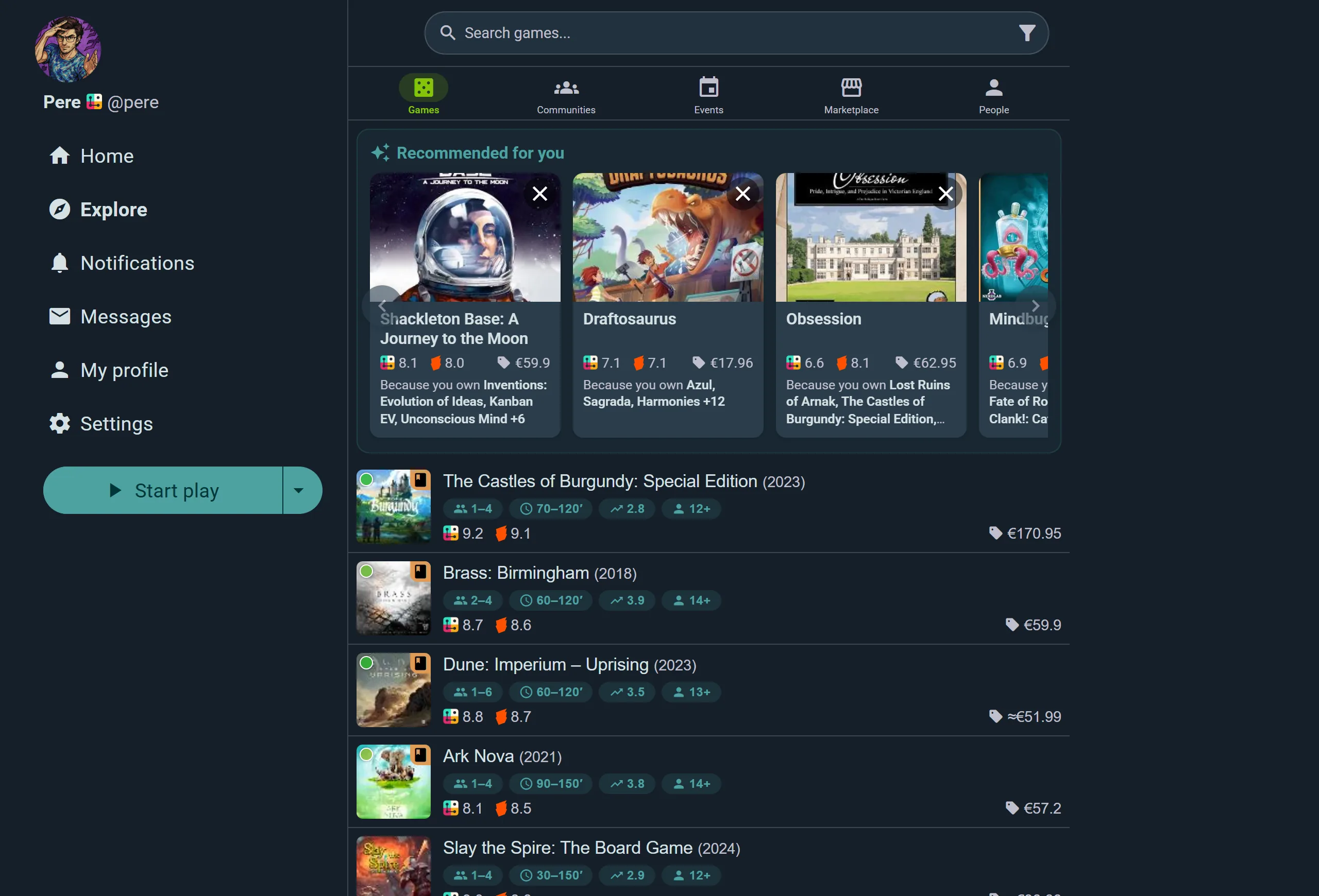 The Games tab, with personal recommendations above the catalog listing