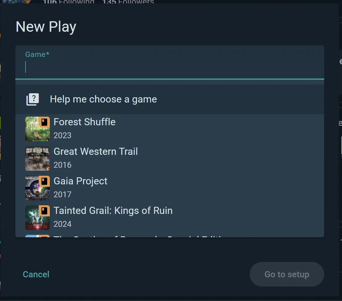 Starting your first play: pick the game and go to setup