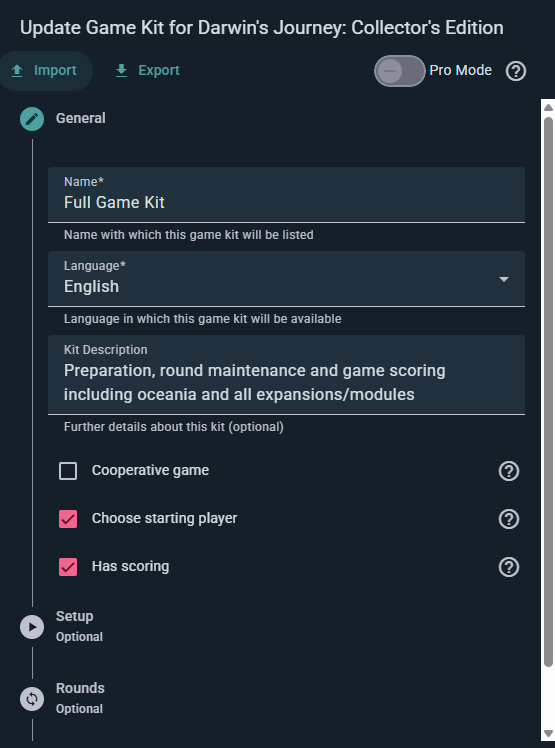 Game Kit editor showing the multi-step creation flow