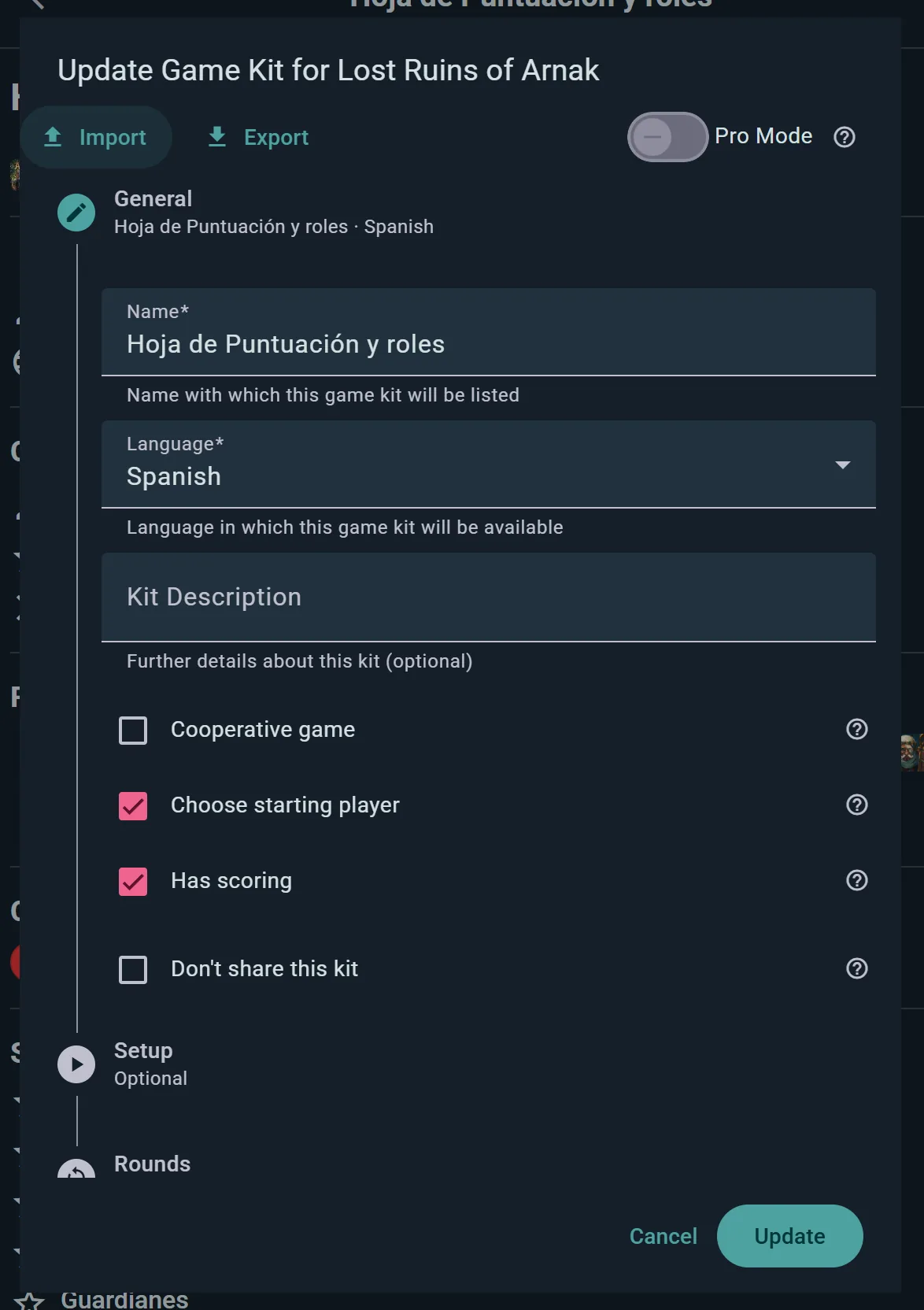 Game Kit editor showing the multi-step creation flow