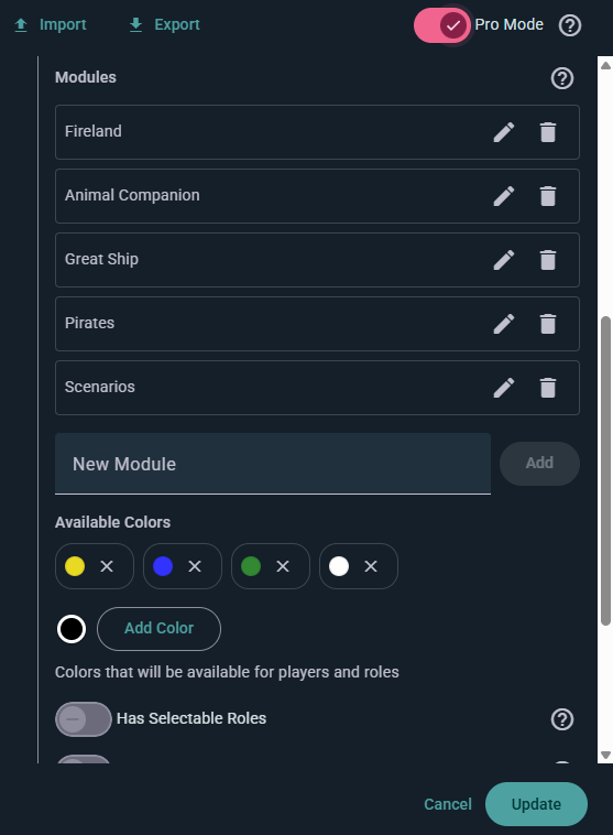 Pro Mode toggle revealing expansion and module management