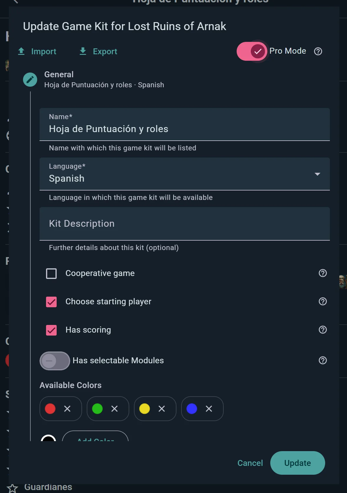 Pro Mode toggle revealing expansion and module management