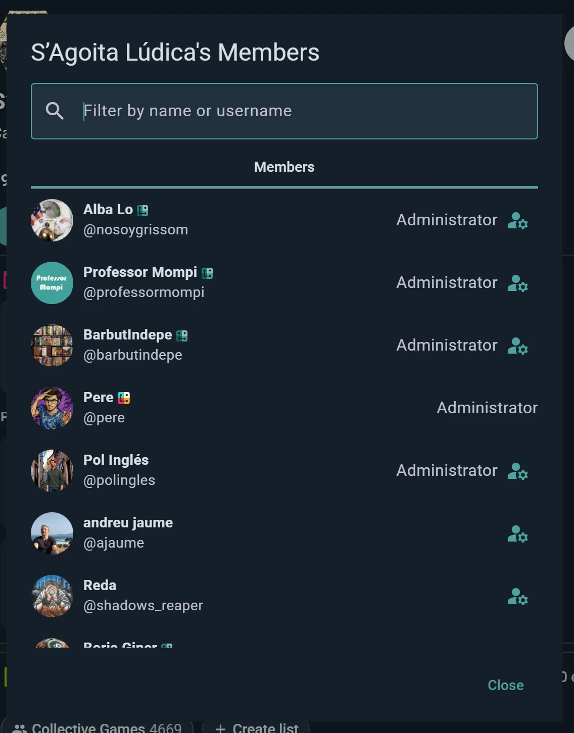 The member list with roles and per-member manage buttons