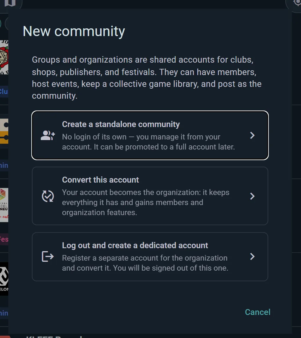 The New community dialog with its three creation routes