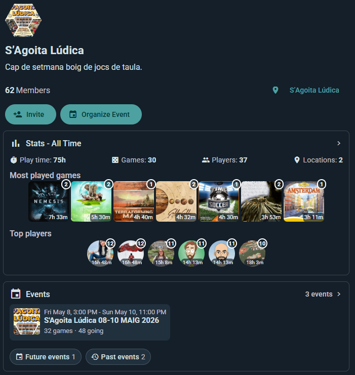 Group page with members, feed, and upcoming events
