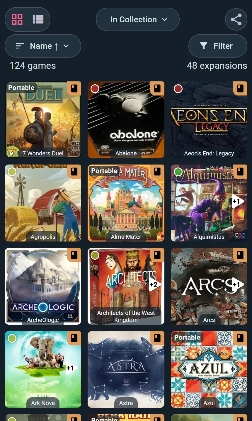 A game collection in a colorful grid, filters and expansions included