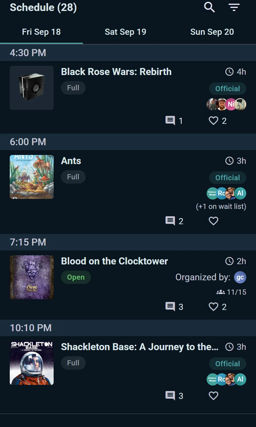 A convention weekend's schedule: day tabs and time slots, tables filling up and wait-listing