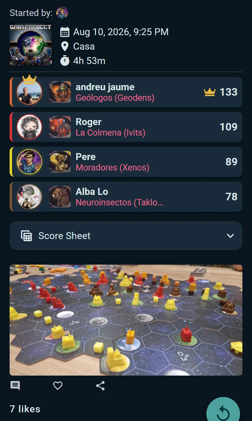 A logged play with a photo of the table, players and scores