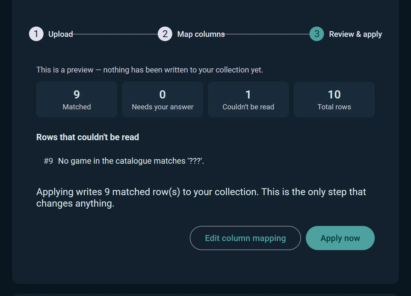 The import wizard’s review step: matched rows, rows that need an answer, and the apply button
