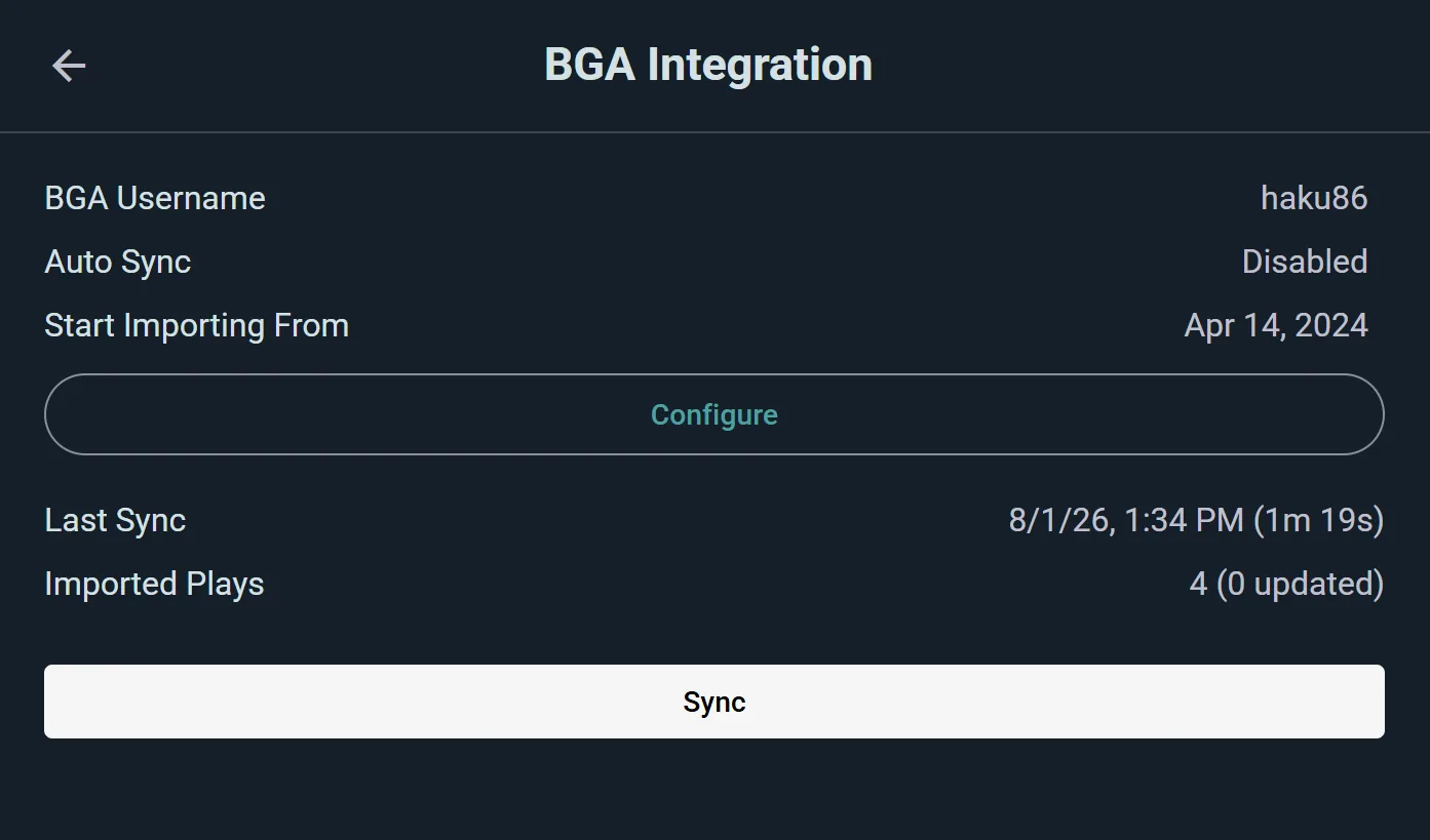The Board Game Arena integration: your linked BGA username, the date to start importing from, and your last sync