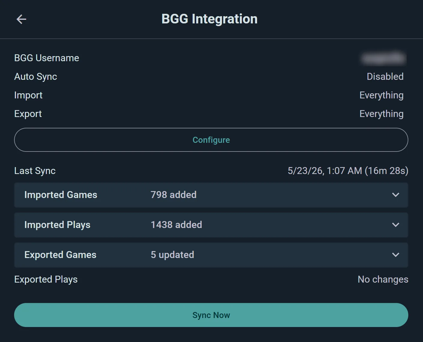 A BGG sync: 798 games and 1,438 plays imported, 5 games exported back