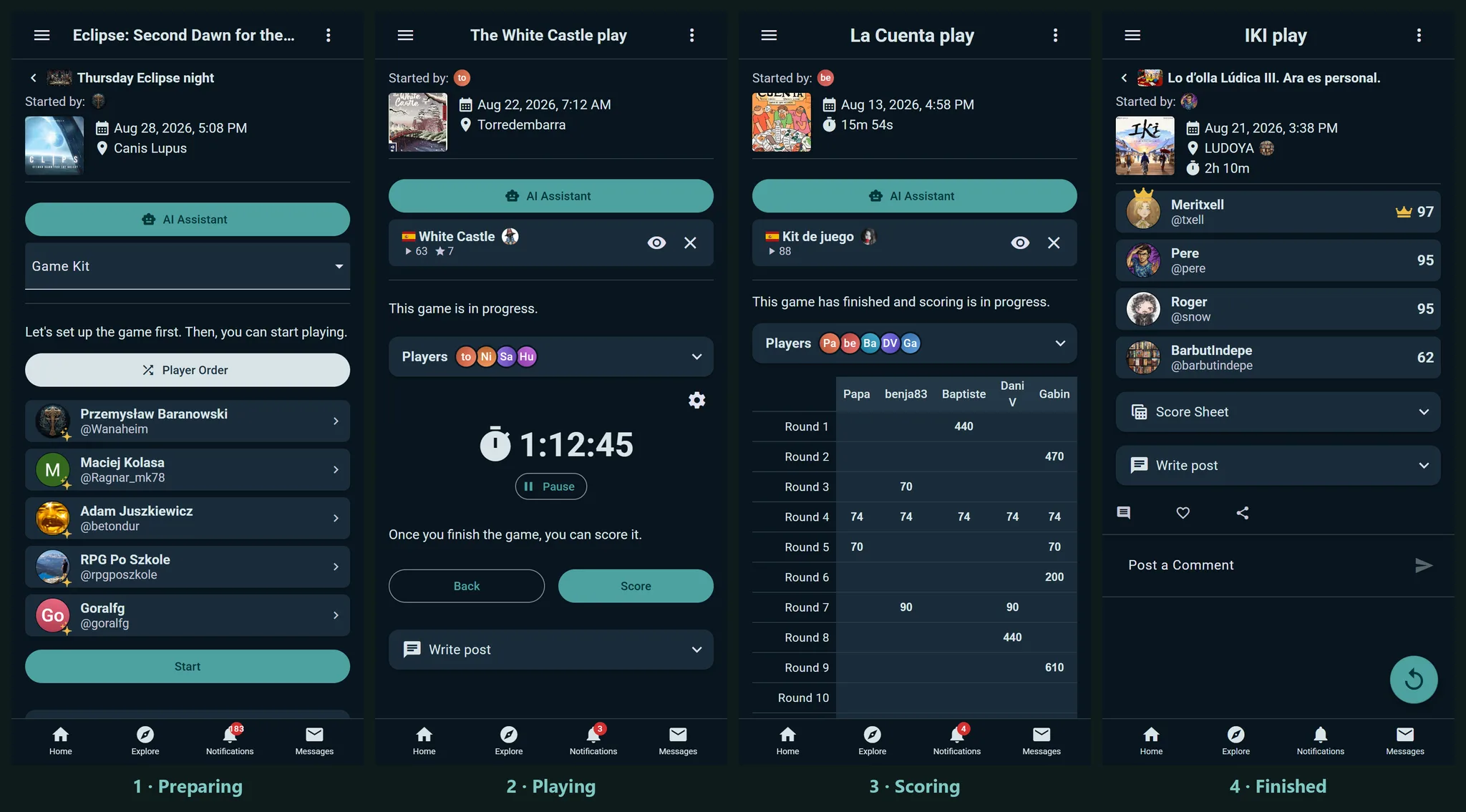 Play lifecycle stages: Preparing → Playing → Scoring → Finished