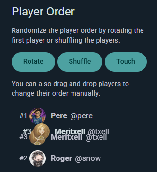 Player order selection with shuffle, rotate, and touch-based random options