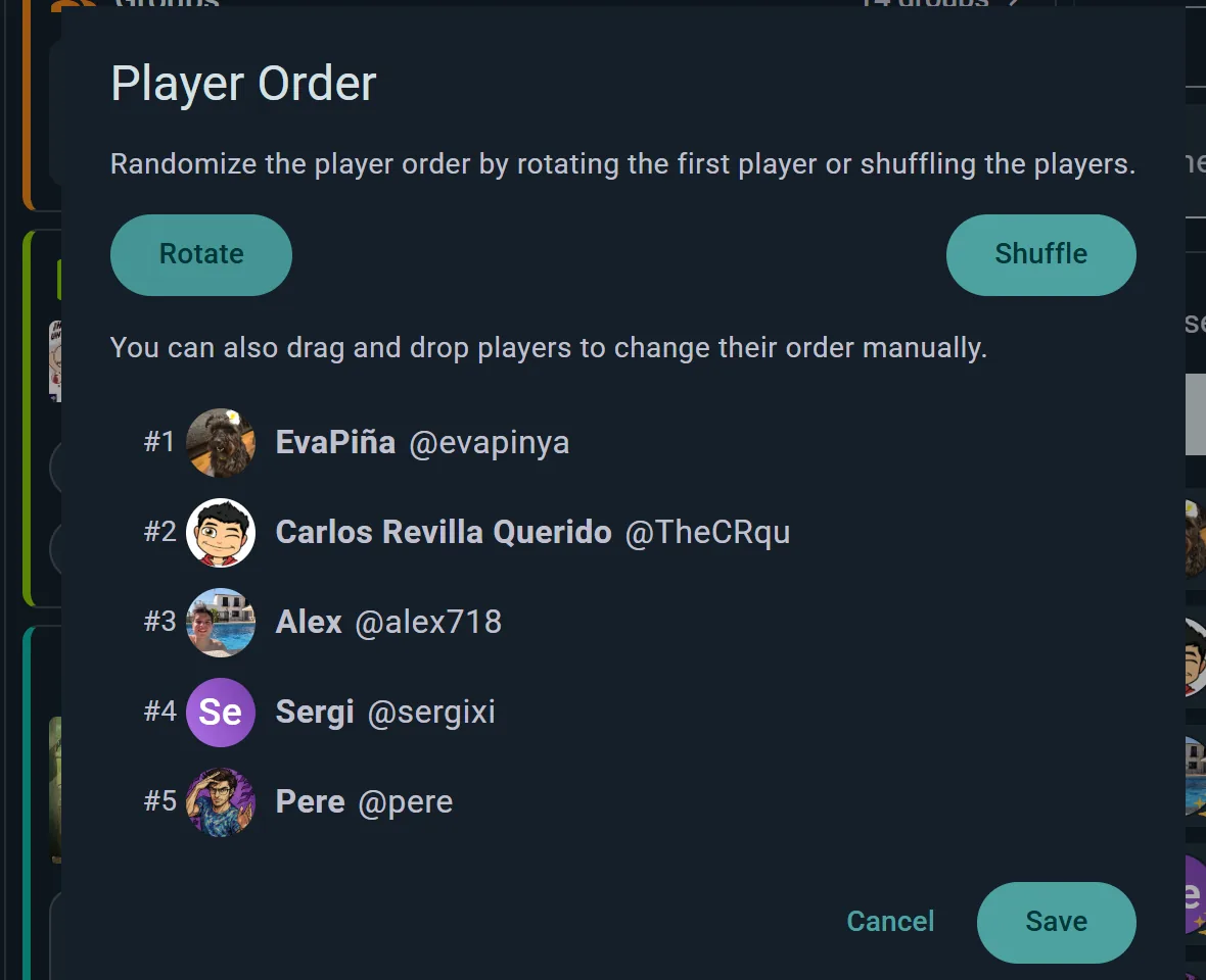 The Player Order dialog: rotate the first player, shuffle everyone, or drag to reorder by hand