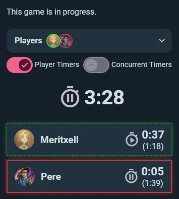 Per-player timer panels with turn and total times