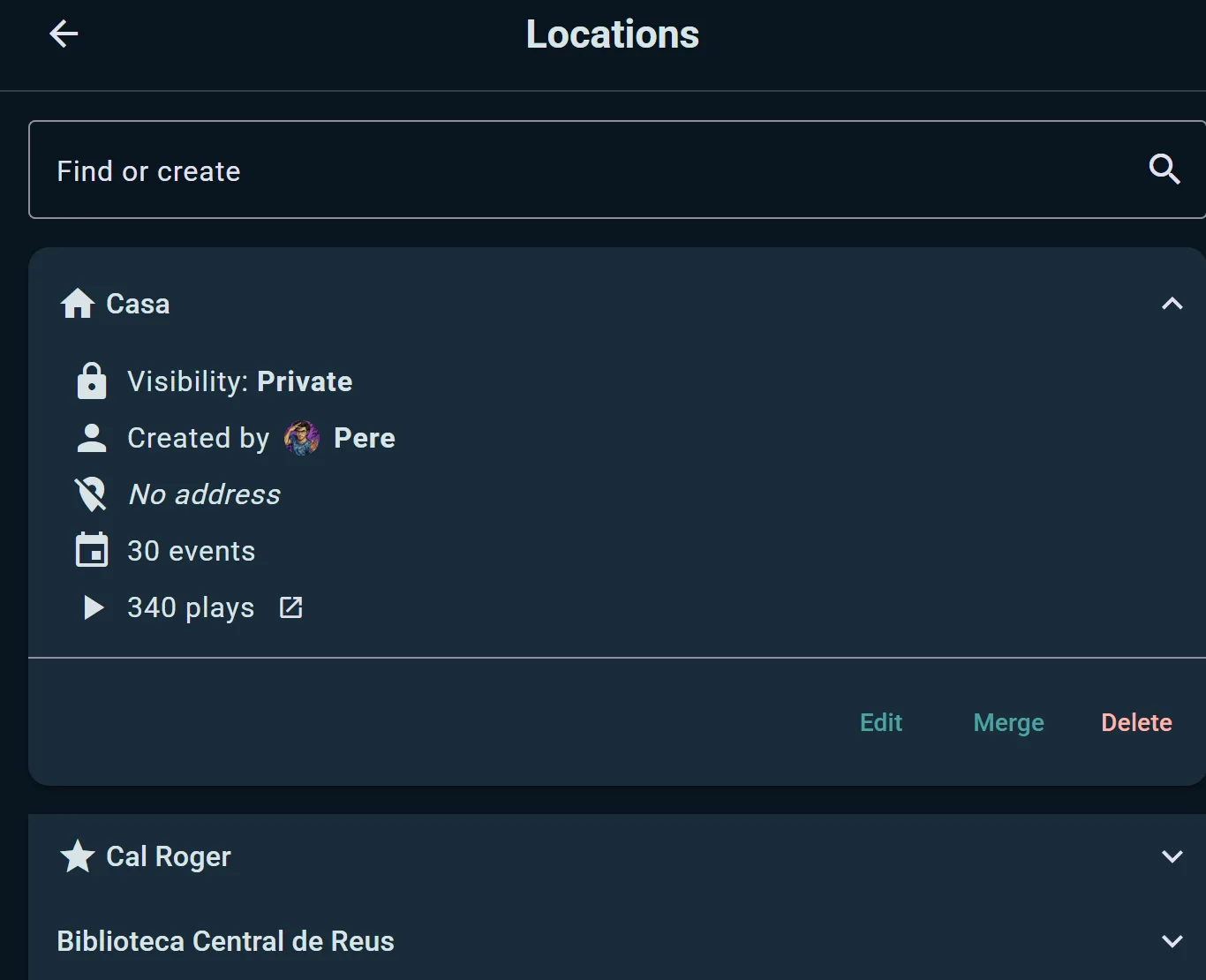 A private home location with its per-venue history, next to Edit and Merge