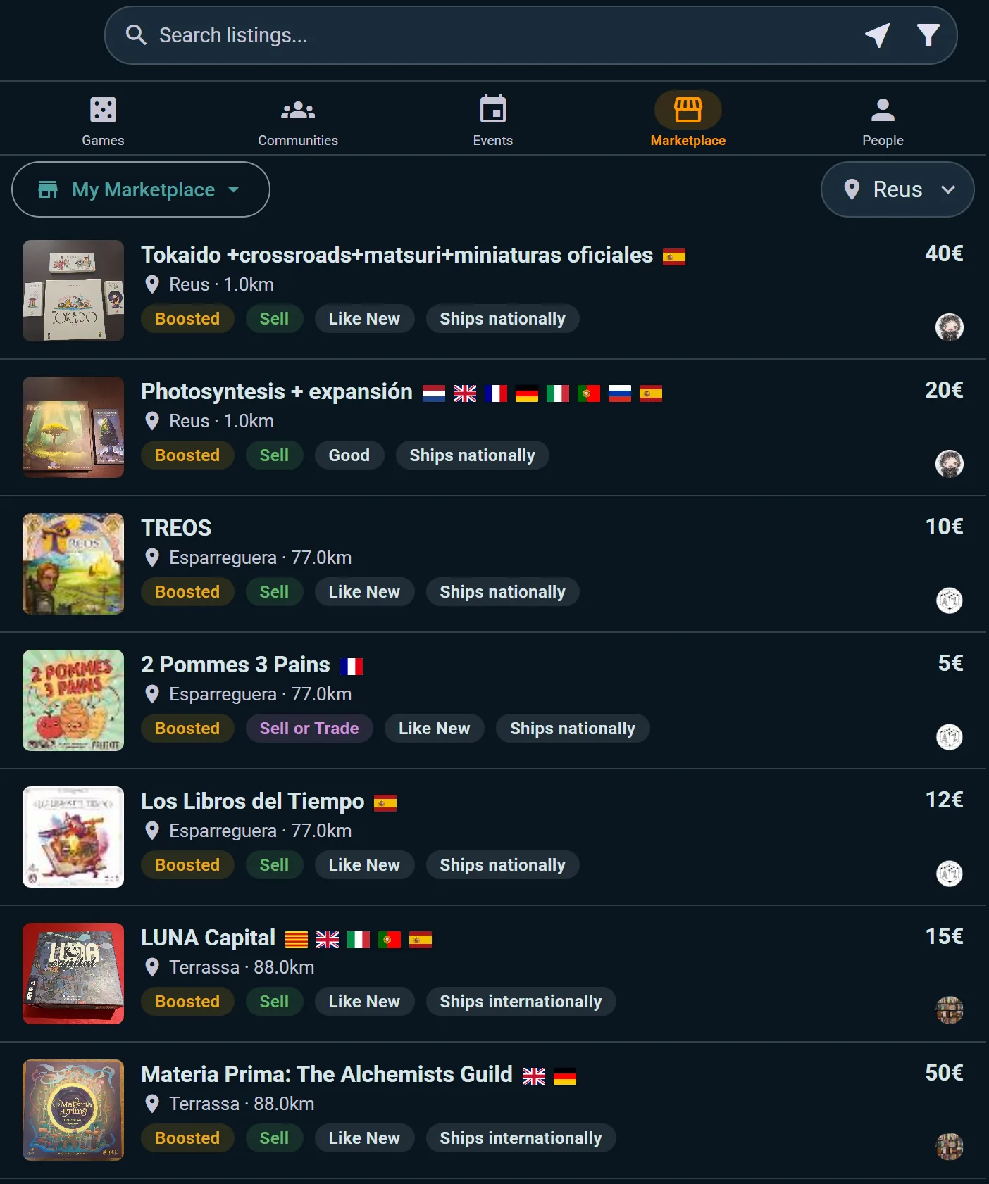Second-hand listings from nearby players