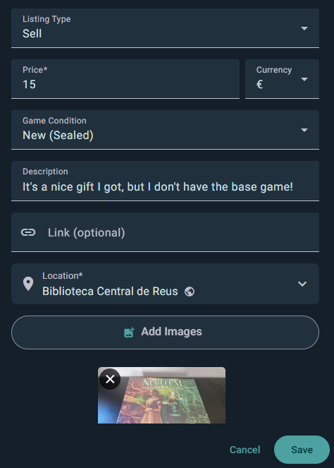 Marketplace listing form with photos, condition, and price