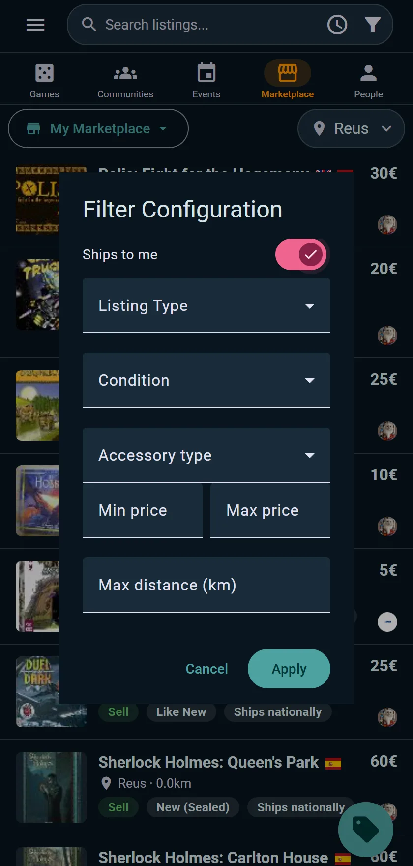 The Filter Configuration dialog: listing type, condition, accessory type, price range and distance