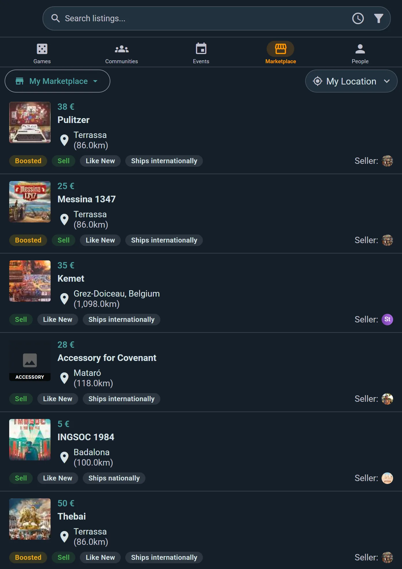Marketplace listings near a city, each showing price, distance and condition