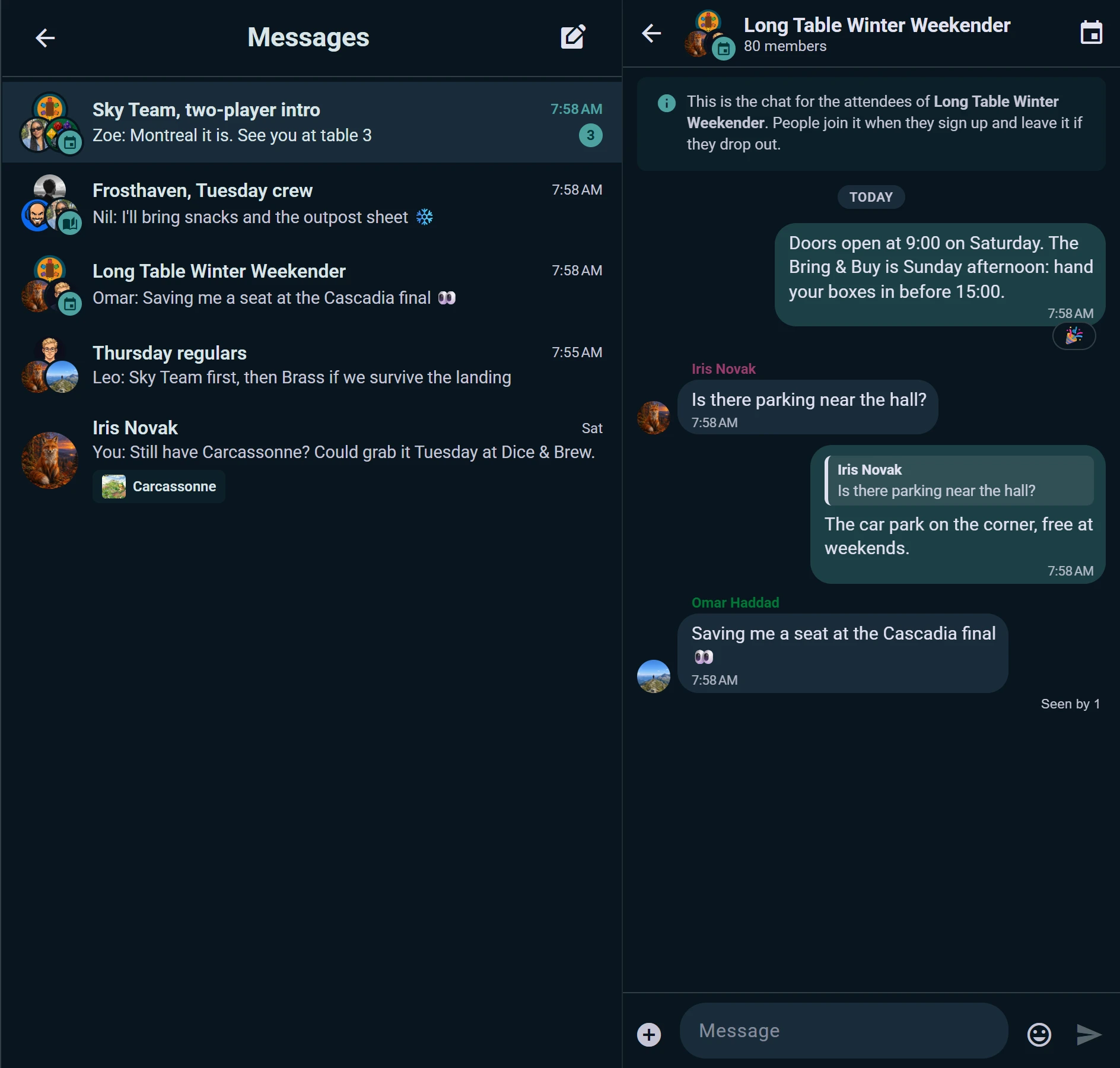 An event's attendees chat, opened from the event page