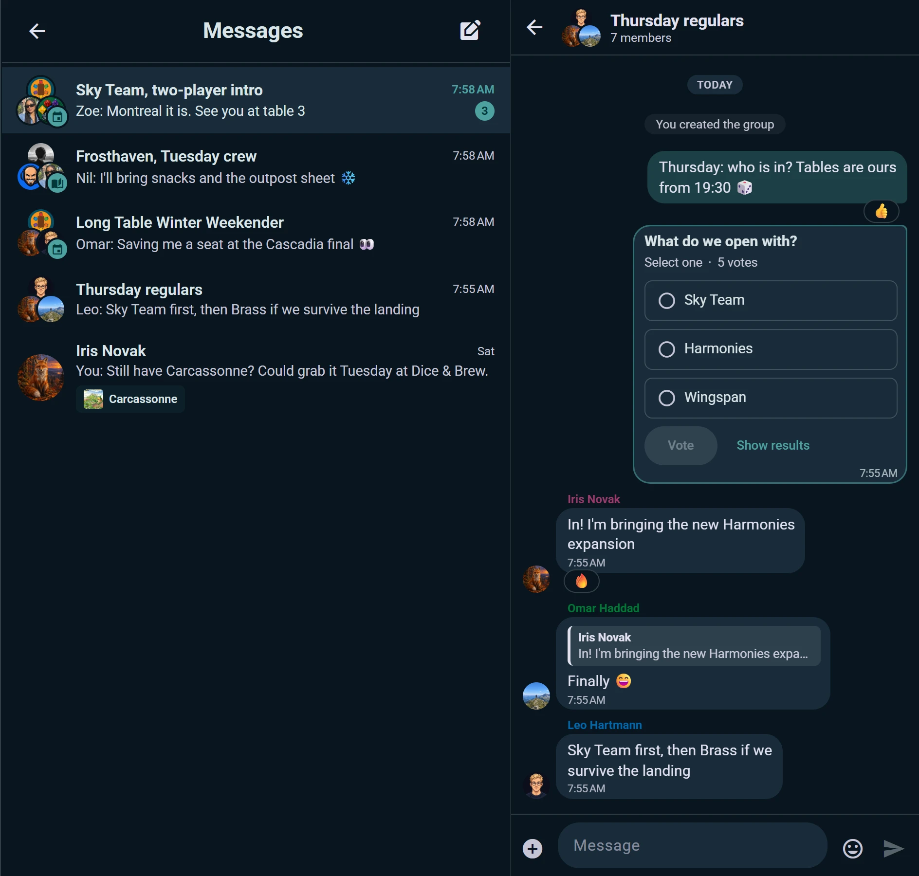 A group chat of club regulars with a poll on next week's game