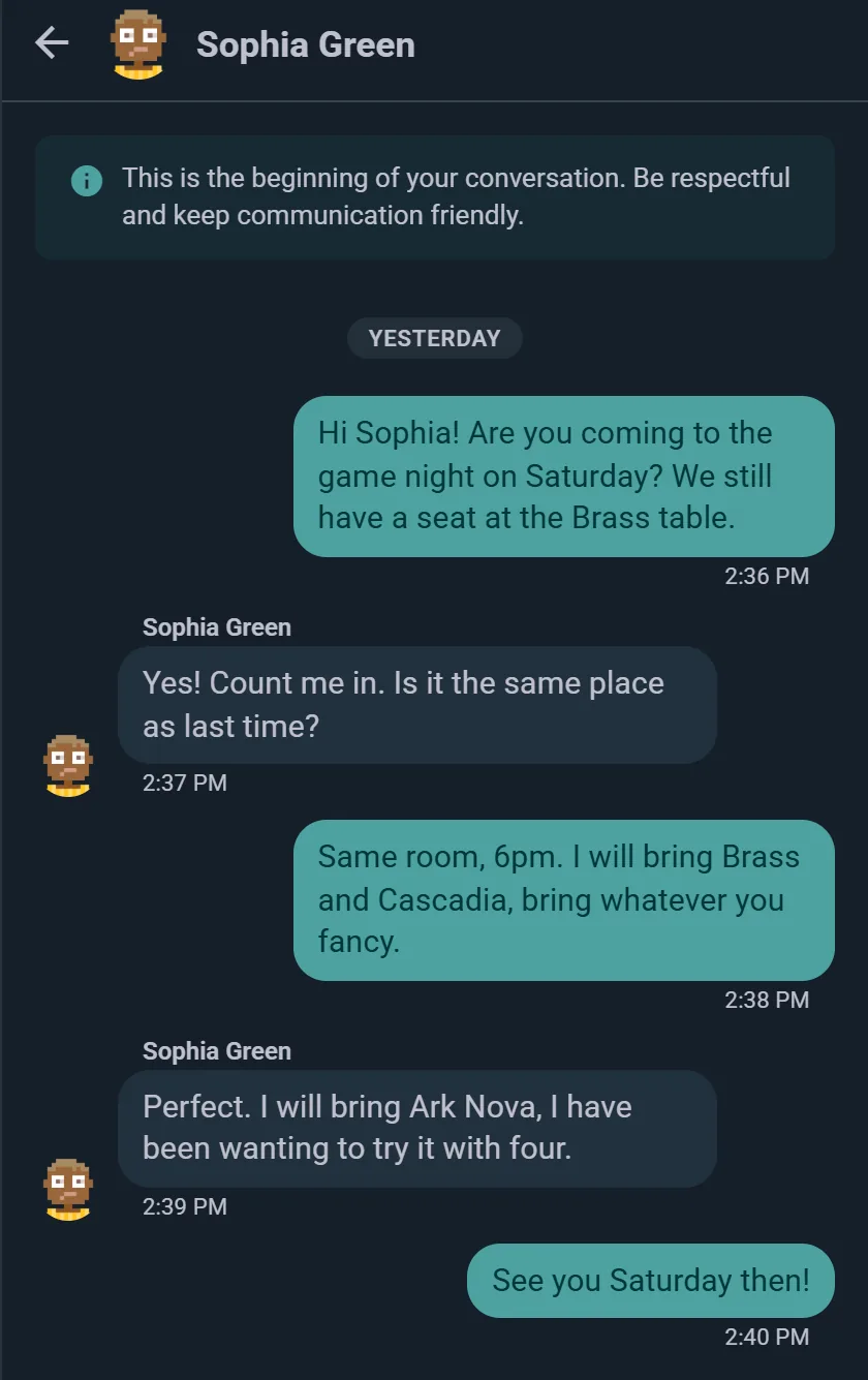 A direct message thread arranging who brings which game to a game night