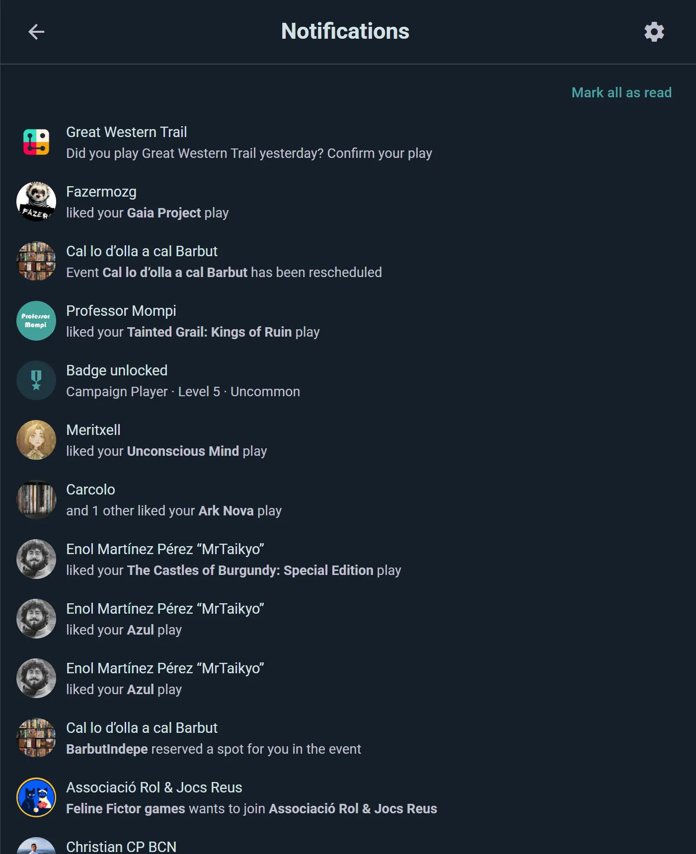 The notification list: likes, event reminders, and new events nearby