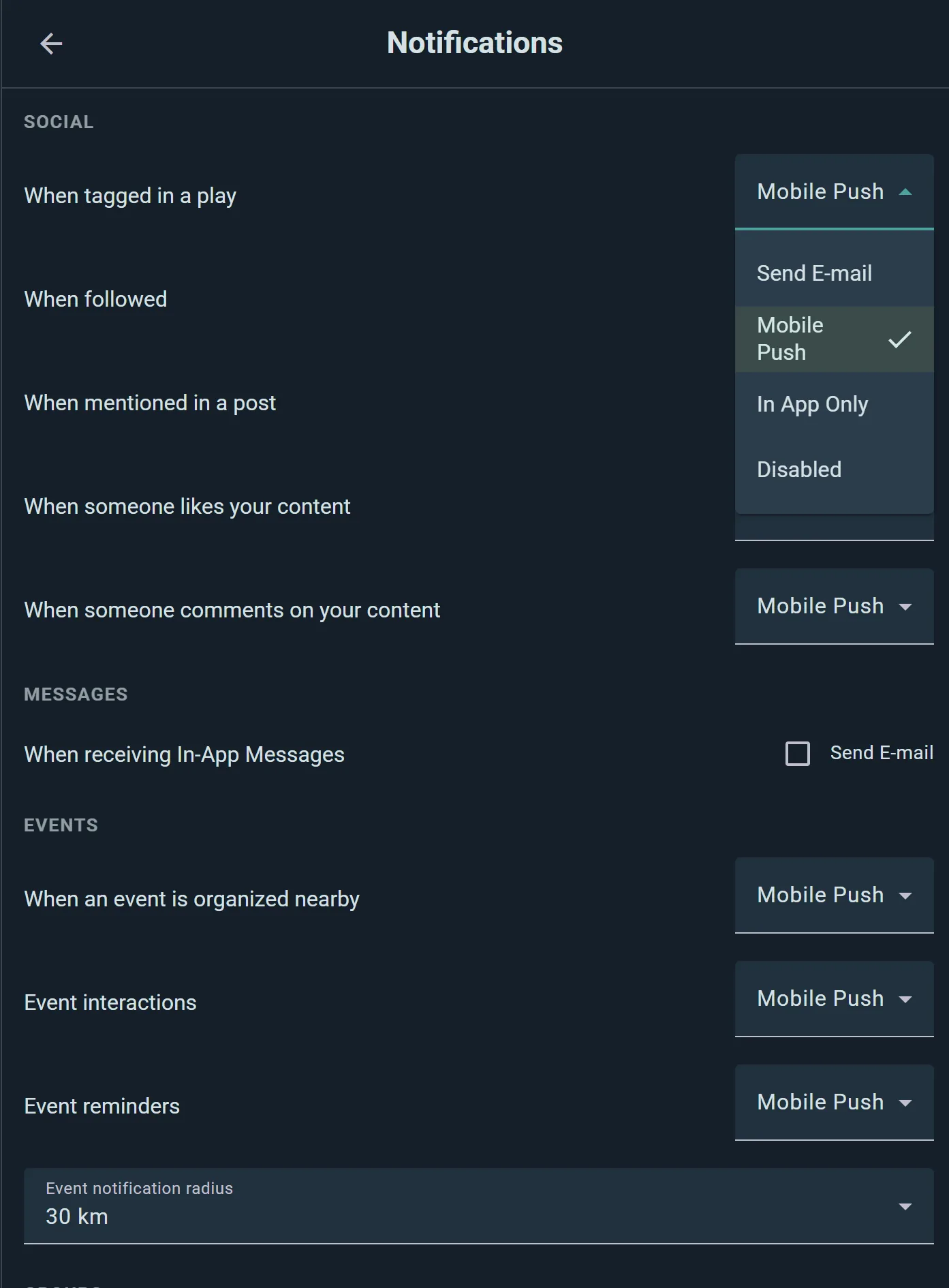 Notification settings: pick a delivery channel — e-mail, push, in-app or off — for every topic