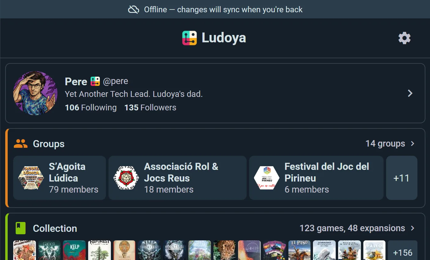 The offline banner, with cached collection, plays and stats still available