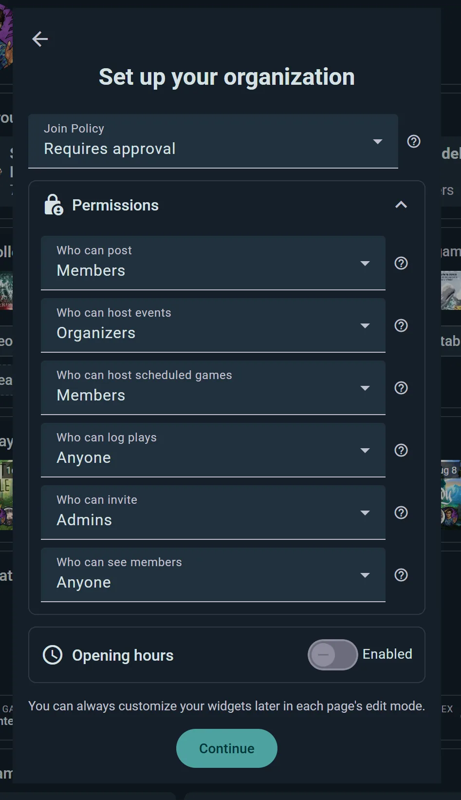 Per-action permission dropdowns for a community