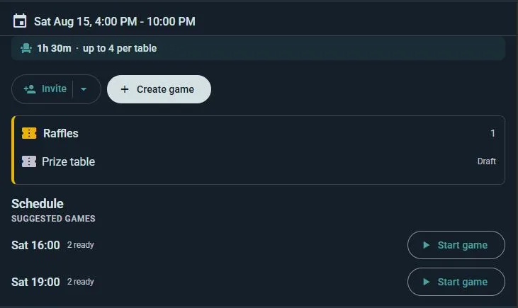 Propose mode: Ludoya lists ready-to-go games ("2 ready") and the organizer taps Start game to confirm each one
