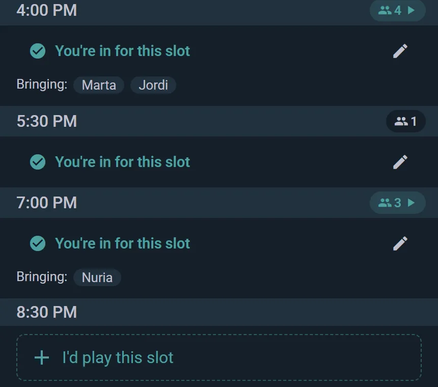 The slot timeline: each slot shows how many players are pooled; tap in, bring companions, or add yourself with "I'd play this slot"