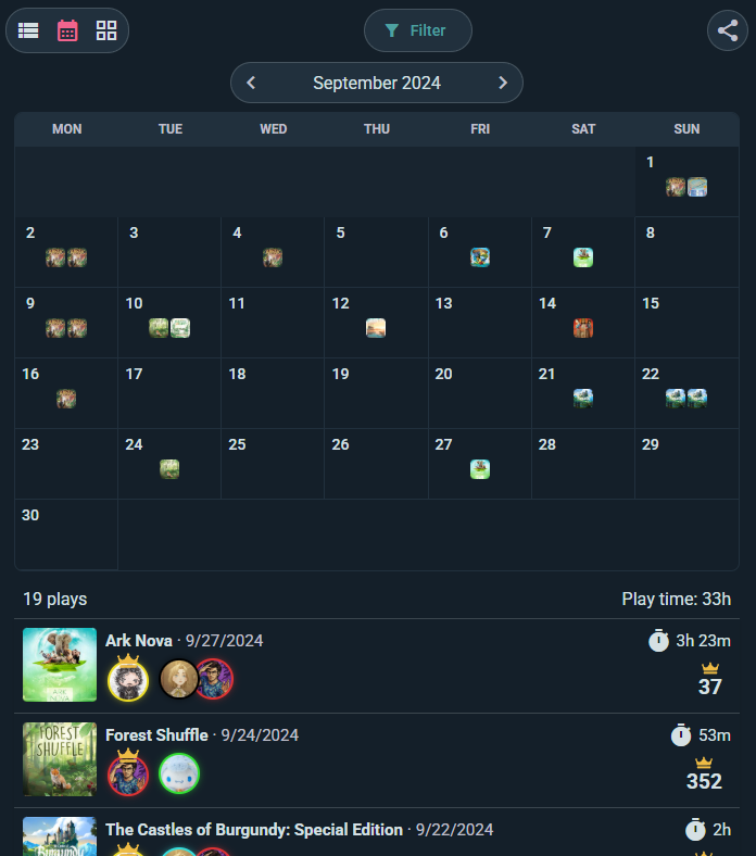 Calendar view showing plays plotted across the month