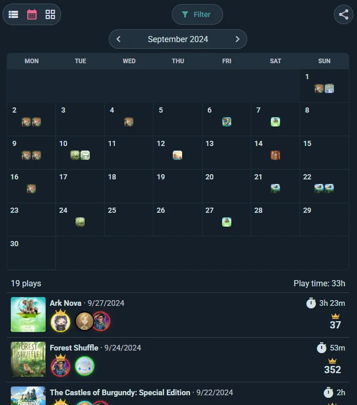 A month calendar with game covers on play days — 19 plays, 33 hours